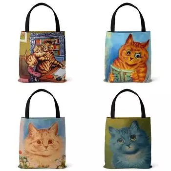 Холщовая сумка с милым котом и принтом, легкая сумка на плечо с держателем, женская сумка с верхней ручкой