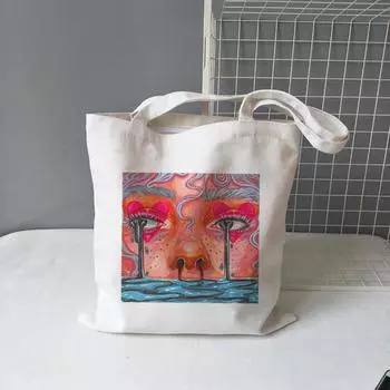 Холщовая сумка с мультяшным лицом, повседневная женская сумка в стиле хип-хоп, Y2K, сумка через плечо Harajuku, винтажные готические сумки-шопперы, женская сумка большой вместительности 24*26cm чёрный