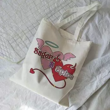 Холщовая сумка с принтом сердца Angel Sweet Ins Fun, винтажная новая женская сумка на плечо Harajuka большой вместимости, повседневные сумки-шоппер в стиле готического розового цвета 24*26cm