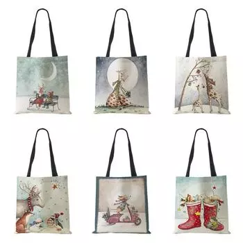 Холщовая сумка-шопер в стиле Харадзюку, Рождественская сумка-шопер с героями мультфильмов, корейская многоразовая складная сумка-тоут большой емкости