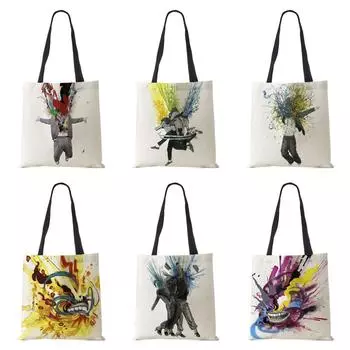 Холщовая сумка-тоут с росписью, женская сумка на плечо с милым принтом Harajuku, повседневная сумка для покупок, многоразовая пляжная сумка большой вместительности