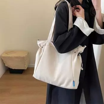 Холщовая сумка-тоут, женская сумка через плечо, портативная большая вместительная сумка на шнурке, студенческая сумка, дорожная сумка чёрный