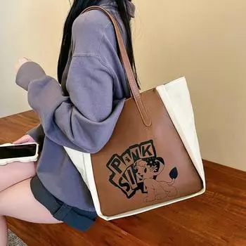 Холщовая сумка-тоут, женская сумка через плечо, большая вместительная студенческая сумка с героями мультфильмов коричневый