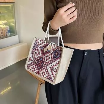 Холщовая сумка в этническом стиле для женщин, летняя модная льняная сумка для ланча Bento Bag, сумка для переноски мамочек зелёный