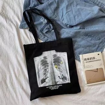 Холщовая сумка в готическом стиле с черепом и буквенным принтом, японская женская сумка, повседневная темная сумка-шопер Harajuku, Y2K, женская сумка большой вместимости на плечо 24*26cm бежевый