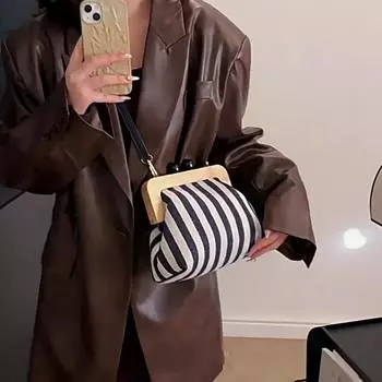 Холщовая сумка в полоску через плечо с замком Kiss Lock и верхней ручкой на ремешке, винтажный кошелек в виде ракушки, вечерние женские сумки на плечо 23x10x19cm синий