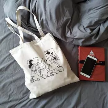 Холщовая сумка в японском стиле с героями мультфильмов, повседневная женская сумка в стиле Харадзюку в стиле панк, милая сумка-шоппер в стиле Харадзюку, женская сумка на плечо Ulzzang 24*26cm чёрный
