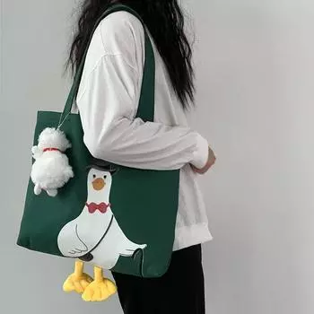 Холщовая сумка в виде утки, женская сумка на одно плечо, корейская милая ручная сумка для студентов большой вместимости, литературная сумка 4