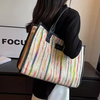 Холщовая сумка женская большая вместимость 2024 новая летняя универсальная сумка через плечо текстурная взрывная сумка класса для поездок на работу no specification чёрный