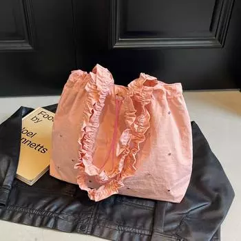 Холщовая сумка женская большая вместимость 2024 новая летняя сумка для отдыха со складками на плечо для студентов колледжей и студентов чёрный