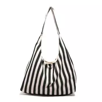 Холщовая сумка женская большой вместимости 2025 новая осенняя повседневная на плечо для покупок в полоску классная сумка-тоут чёрный