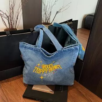 Холщовая сумка женская джинсовая сумка-мессенджер с надписью большая вместительная сумка через плечо сумка-тоут рабочая сумка чёрный