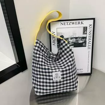 Холщовая сумка женская, новый стиль, повседневная, контрастного цвета, клетчатая, на одно плечо, сумка-тоут для студентов колледжа, художников