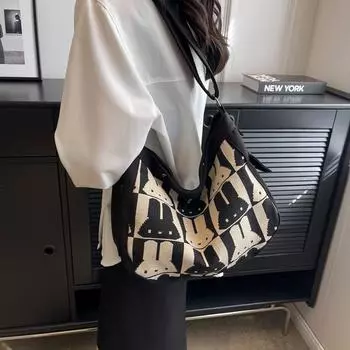 Холщовая сумка, женская сумка через плечо с кроликом, студенческая тканевая сумка, женская большая сумка бежевый