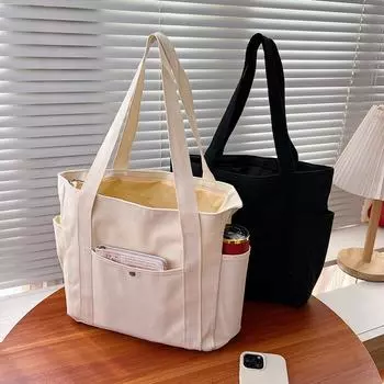 Холщовая сумка, женская сумка, сумка через плечо, универсальная сумка-тоут, большая вместимость для поездок на работу, сумка для репетиторства, несколько карманов белый