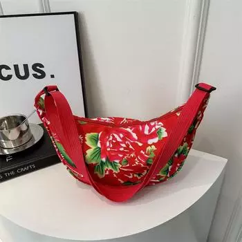 Холщовая сумка женская весна 2024 года новая северо-восточная большая сумка-пельмень с цветочным принтом универсальная сумка-мессенджер через плечо чёрный