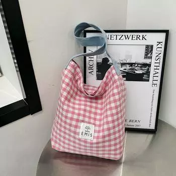 Холщовая сумка женская весна 2024 года, новая модная контрастная клетчатая сумка через плечо для студентов колледжа, литературная сумка для поездок на работу чёрный