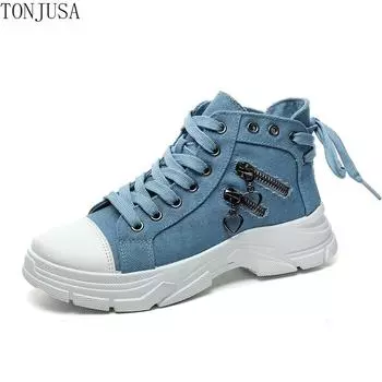 Холщовая женская обувь с высоким берцем, дышащая повседневная обувь на толстой подошве, увеличивающая рост 35 синий