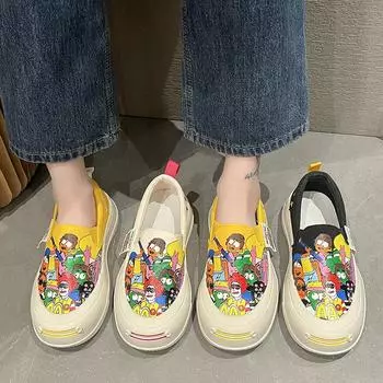 Холщовые лоферы с граффити для женщин, прогулочная обувь без шнуровки, дышащие удобные повседневные модные кроссовки 35 чёрный