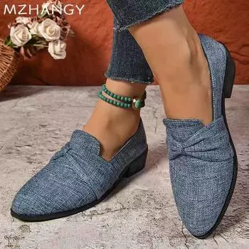 Холщовые массивные женские мокасины с бантом, модные туфли на среднем каблуке, женская обувь для ходьбы, тренд 2025 года, зимние туфли-лодочки, платье, женская обувь для путешествий, Zapatos 36 синий