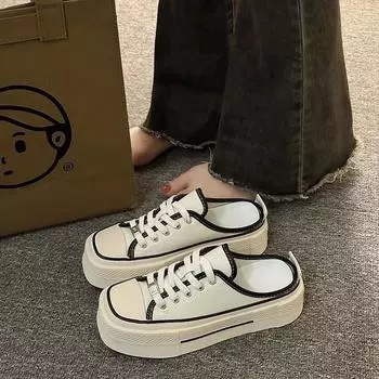 Холщовые полутапочки, женские летние новинки, высококачественные толстые подошвы, увеличенный каблук, без ленивых 35 белый