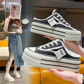 Холщовые полутапочки женские тапочки на толстой подошве летние новые нескользящие туфли на платформе без каблука белые туфли для отдыха 35 бежевый