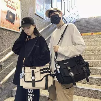 Холщовые сумки через плечо для женщин, нейлоновые мужские почтальоны, студенческие сумки через плечо, большие сумки-портфели, модные книжные сумки, большие сумки 32 x 27 x 13cm чёрный