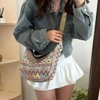 Холщовые сумки через плечо в этническом стиле, вышитая сумка-тоут в стиле бохо, винтажная сумка через плечо с волнистым узором, повседневная темно-синий