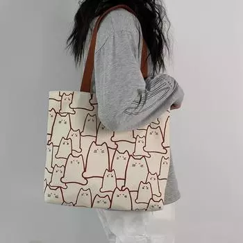 Холщовые сумки, сумка для женщин, сумка-тоут с милым котом на молнии, дизайнерская сумка в стиле мультфильма, маленькое плечо чёрный