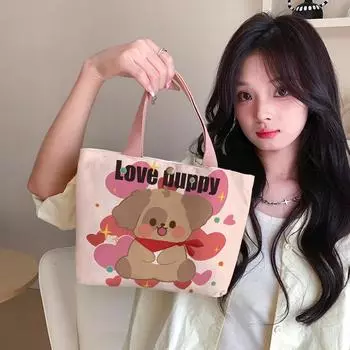 Холщовые сумки, сумка для женщин, сумка-тоут с милым котом и кнопкой, дизайнерская сумка в японском стиле с героями мультфильмов, маленькое плечо Happy Puppy