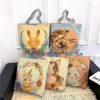 Холщовые сумки, сумки для женщин, сумка для покупок с милым котом, большая сумка для покупок с застежкой-молнией, дизайнерская сумка, большие сумки на плечо с героями мультфильмов в японском стиле Love Dog