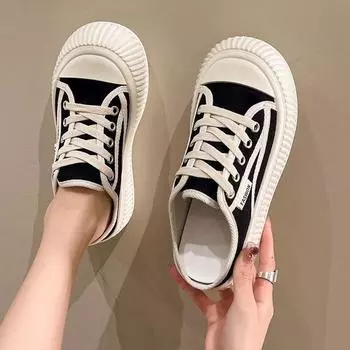 Холщовые тапочки женская летняя одежда 2024 лето новые baotou half drag толстая подошва кексы повседневные ленивые туфли 35 чёрный