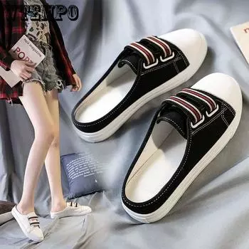 Холщовые тапочки женские летние верхняя одежда сетчатые красные корейская версия ленивые повседневные тапочки на плоской подошве с запахом 36 чёрный