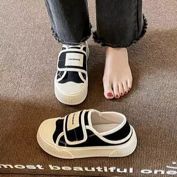 Холщовые туфли на липучке в стиле колледжа, женская обувь, новые весенне-осенние летние туфли на толстой подошве, двухвариантные тканевые туфли, обувь на один шаг 35 чёрный