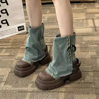 Холщовые туфли женские 2024 модные женские ботильоны на толстой подошве удобные зимние ботинки для женщин ботинки на платформе Botas De Mujer 35 синий
