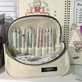 Холщовый большой вместительный пенал для хранения мультяшных ручек пеналы школьные принадлежности бежевый