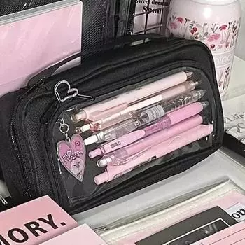 Холщовый пенал большой емкости Ins черный пенал для студентов высокого класса визуальный окошко ручка сумка обратно в школу