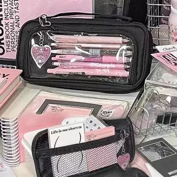 Холщовый пенал большой емкости Ins черный пенал для студентов высокого класса визуальный окошко ручка сумка обратно в школу