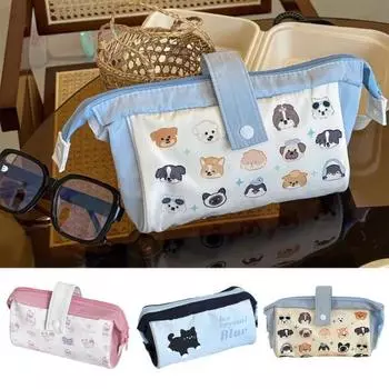 Холщовый пенал большой емкости на молнии с мультяшным животным принтом, портативная сумка для ручек, дорожный органайзер для канцелярских принадлежностей, косметичка синий/белый