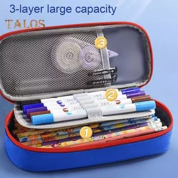 Холщовый пенал с тремя слоями дизайна, большой емкости, застежка-молния, многофункциональная сумка для хранения, держатель канцелярских принадлежностей чёрный