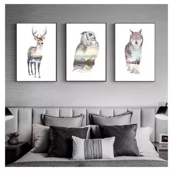 Холст, художественные постеры и принты, настенная картина, картина с медведем, совой, лисой, современное украшение для дома, скандинавский пейзаж, силуэт оленя 21cm30cm NoFrame