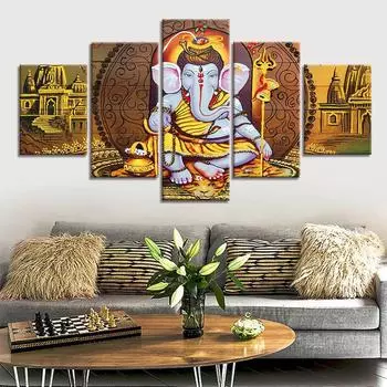 Холст индуистских богов, картины, настенные художественные постеры, рамки, 5 шт., индийские изображения Бога Ганеши, религиозные картины, домашний декор 20x35cm*2 20x45cm*2 20x55cm*1