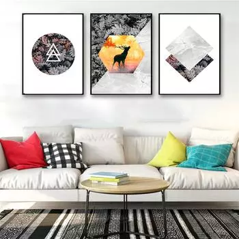 Холст Картина Геометрия Олень Картина Маслом Гостиная Настенное Искусство Геометрический Олень Пейзаж Плакат на скандинавскую тему Лист Детская Комната Плакат 21cm30cm NoFrame