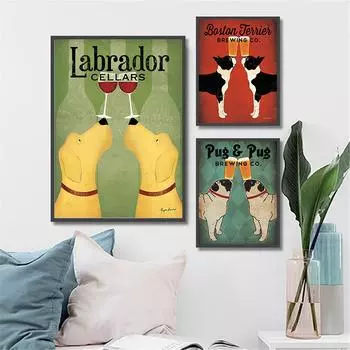 Холст Картина Пара Собака Напиток Лабрадор Мопс Черные Собаки Настенные Панно для Украшения Гостиной Кухонный Декор Ретро Животные 21cm30cm NoFrame