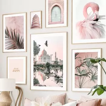 Холст Картина Розовый Блум Пион Цветок Пальмовый Лист Фламинго Мечеть Плакаты и принты Гостиная Домашний Декор Настенные Художественные Фотографии 21X30cm No Frame