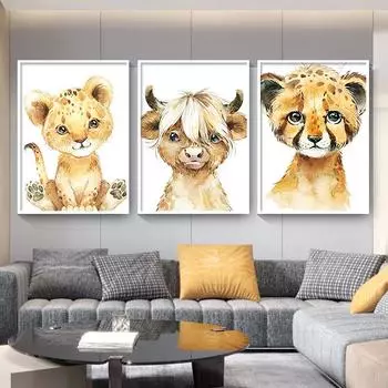 Холст Картина Животное Плакат Слон Тигр Милый Мультфильм Детский Сад Детская Комната Декоративная Живопись Для Декора Детской Комнаты A4 21x30cm No Frame