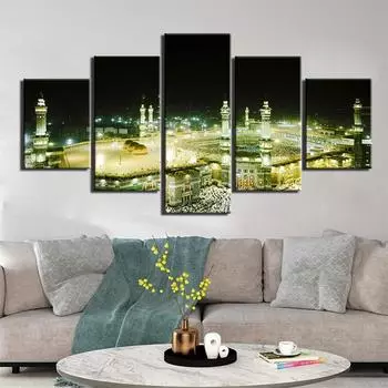Холст Настенное Искусство Исламская Пейзажная Живопись Религиозная Архитектура Мусульманская Мечеть 5 Панелей Piatures Для Декора Гостиной HD Печать 20x35cm*2 20x45cm*2 20x55cm*1