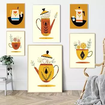 Холст Плакаты Чайные чашки Чайник Цветочные принты Скандинавская живопись для кухни Столовая Настенный декор Современное искусство Фотографии Домашний декор 21x30cm No Framed белый