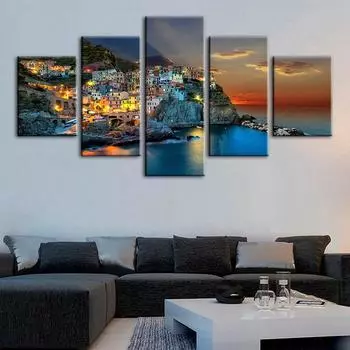 Холст, плакаты с прибрежными городами, картины, настенные художественные принты, модульные 5-панельные фотографии, украшение дома для гостиной 20x35cm*2 20x45cm*2 20x55cm*1