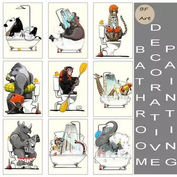 Холст постер с мультяшными животными в скандинавском стиле, современный домашний декор, настенная живопись, принт, фотографии, декор для ванной комнаты, рождественские подарки 21cm30cm NoFrame